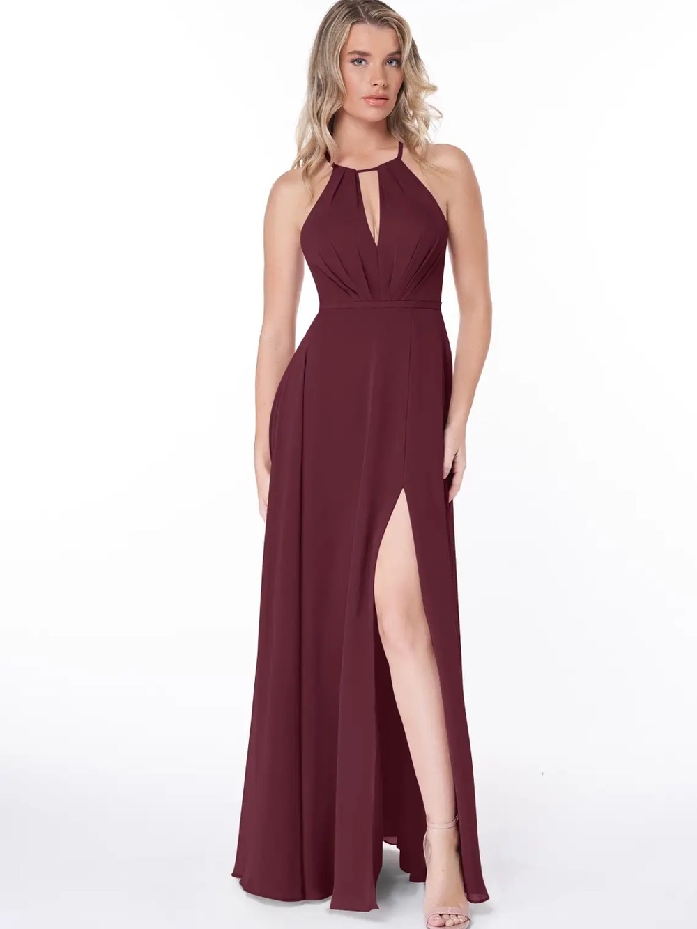 Azazie Burgundy Halter Keyhole Prom Gown with High Slit